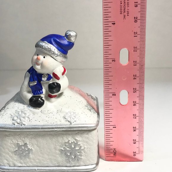 Vintage Ceramic Snowman Snowflake Christmas Trinket Box Jewelry Blue WhiteSilver - Picture 15 of 16